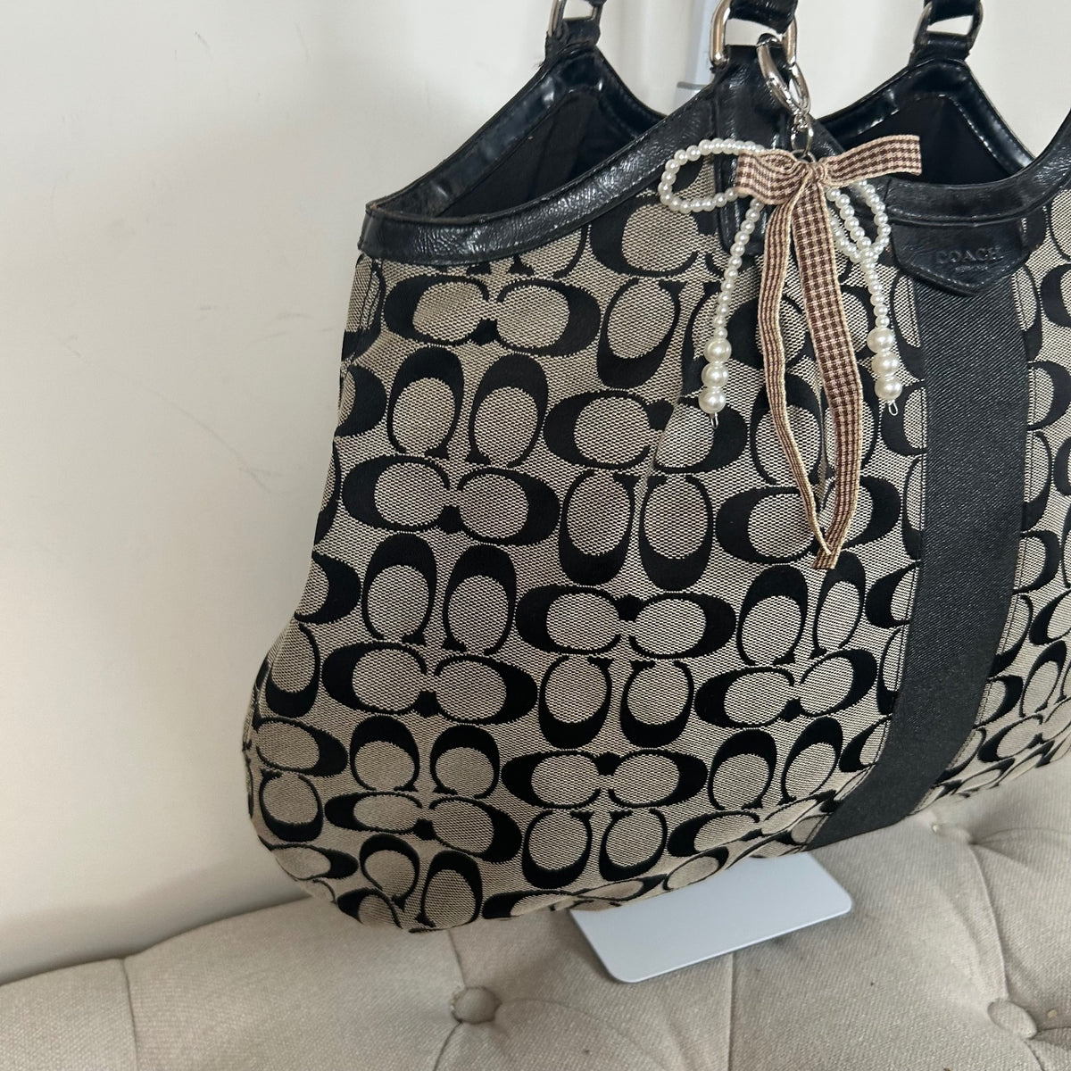 Coach Black Signature Monogram Stripe Tote Shoulder Bag E1421-F28503