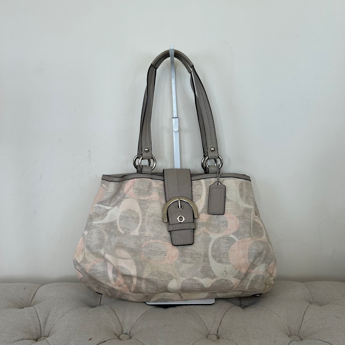 Coach Grey & Pink Canvas 3 Compartment Buckle Front Shoulder Bag C1220-F19205