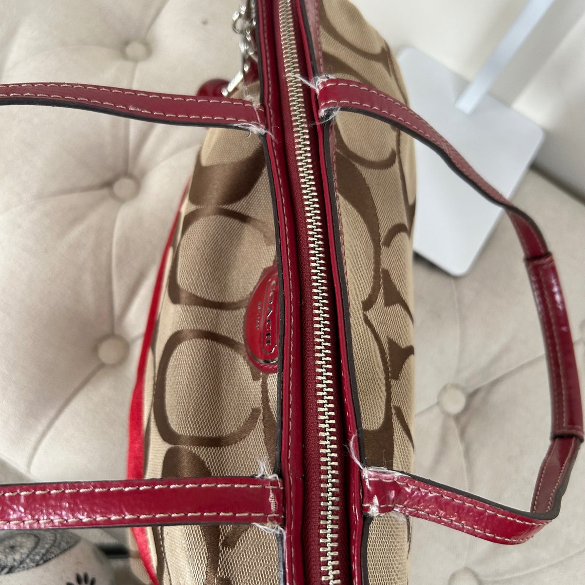 Coach Beige Signature Monogram Red Stripe Tote Shoulder Bag H1182-F17433