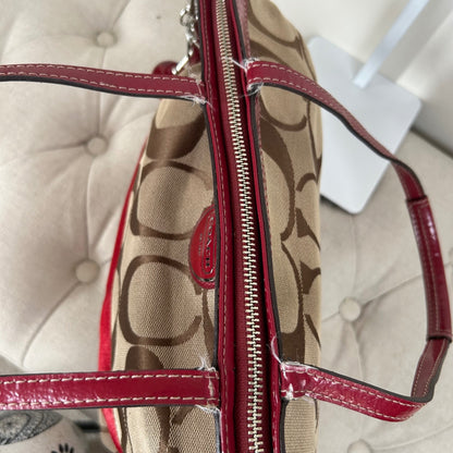 Coach Beige Signature Monogram Red Stripe Tote Shoulder Bag H1182-F17433