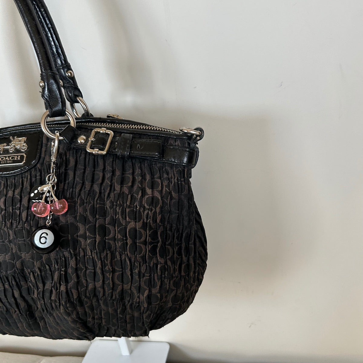 Coach Ashley Mini Black Ruffled Monogram Handbag J1182-18886