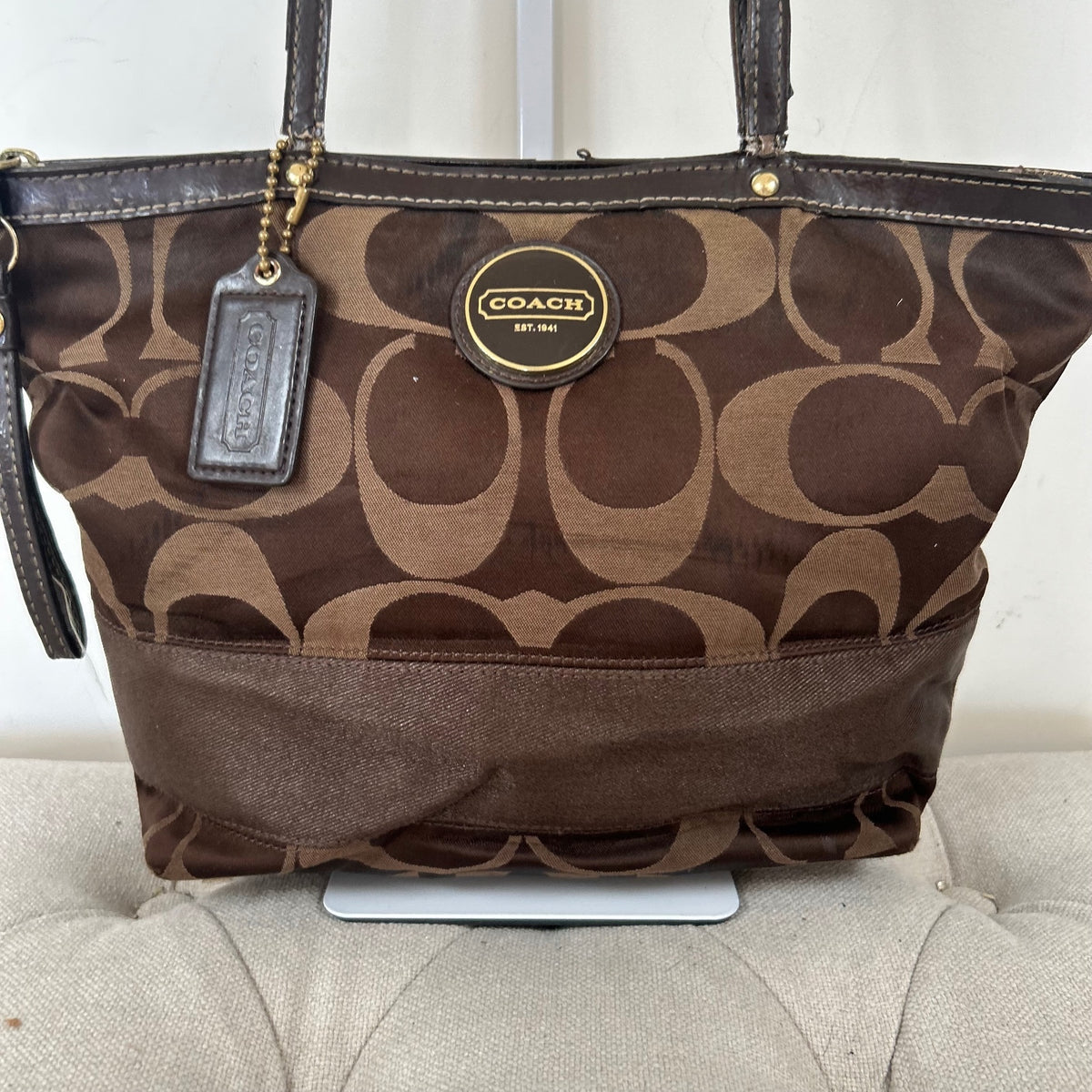 Coach Chocolate Brown Tote Shoulder Bag Signature Stripe H1161-F18037