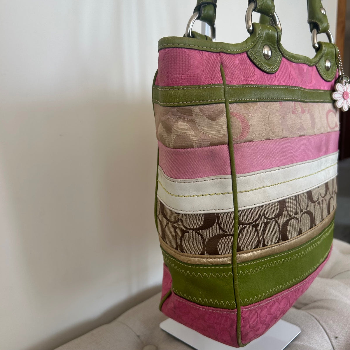 Coach Bleeker Green and Pink Signature Patchwork Tote Bag with Daisy Charm M0998-F14726
