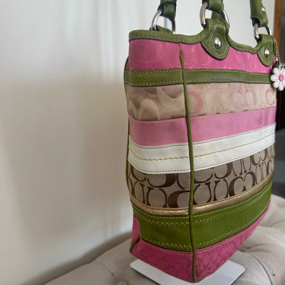 Coach Bleeker Green and Pink Signature Patchwork Tote Bag with Daisy Charm M0998-F14726