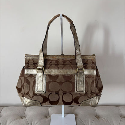 Coach Beige & Silver Monogram Hampton Shoulder Bag J0771-11620