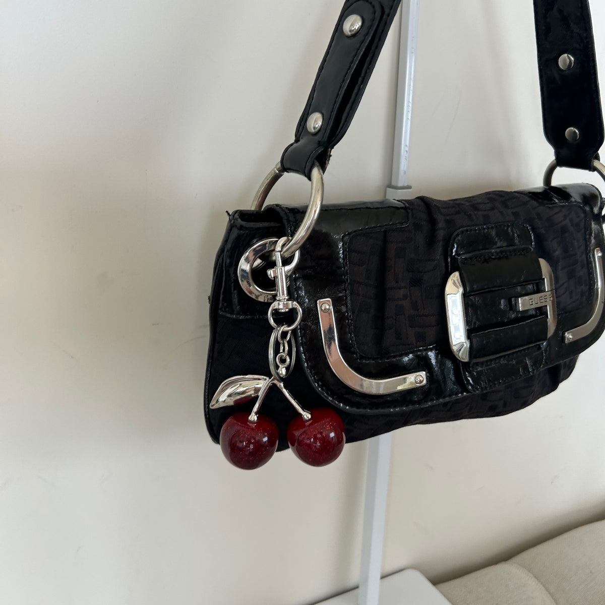 Guess Black Monogram Silver G Shoulder Bag