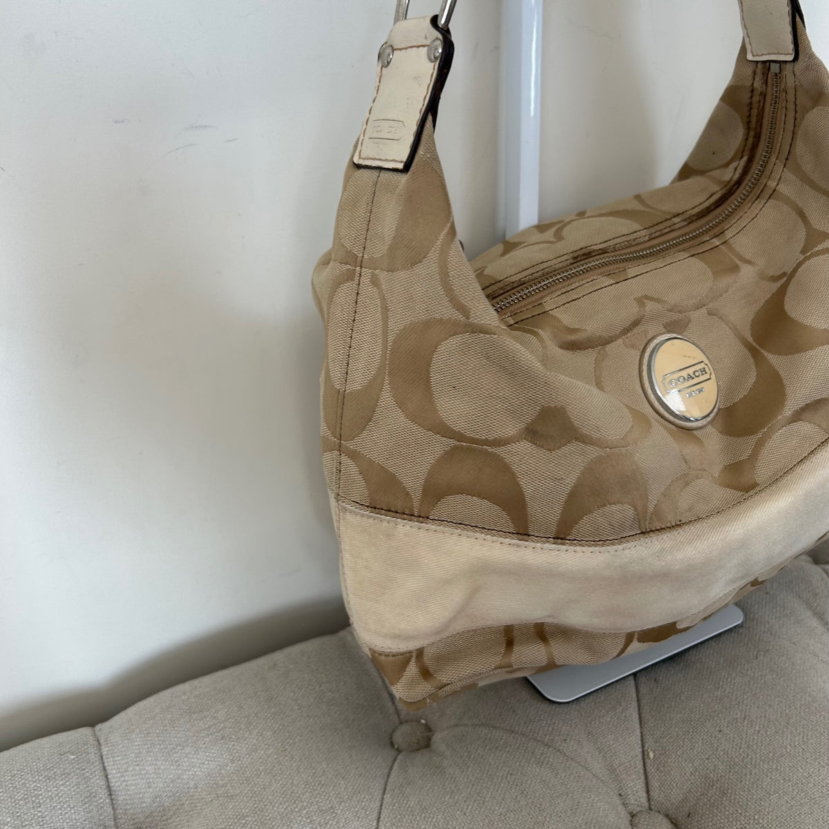 Coach Signature Stripe Monogram Beige Hobo Slouchy Shoulder Bag C1161-F17434