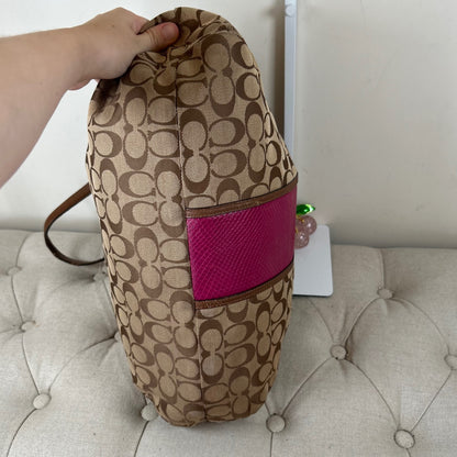 Coach Brown Monogram Shoulder Bag with Pink Stripe E1461-F13444