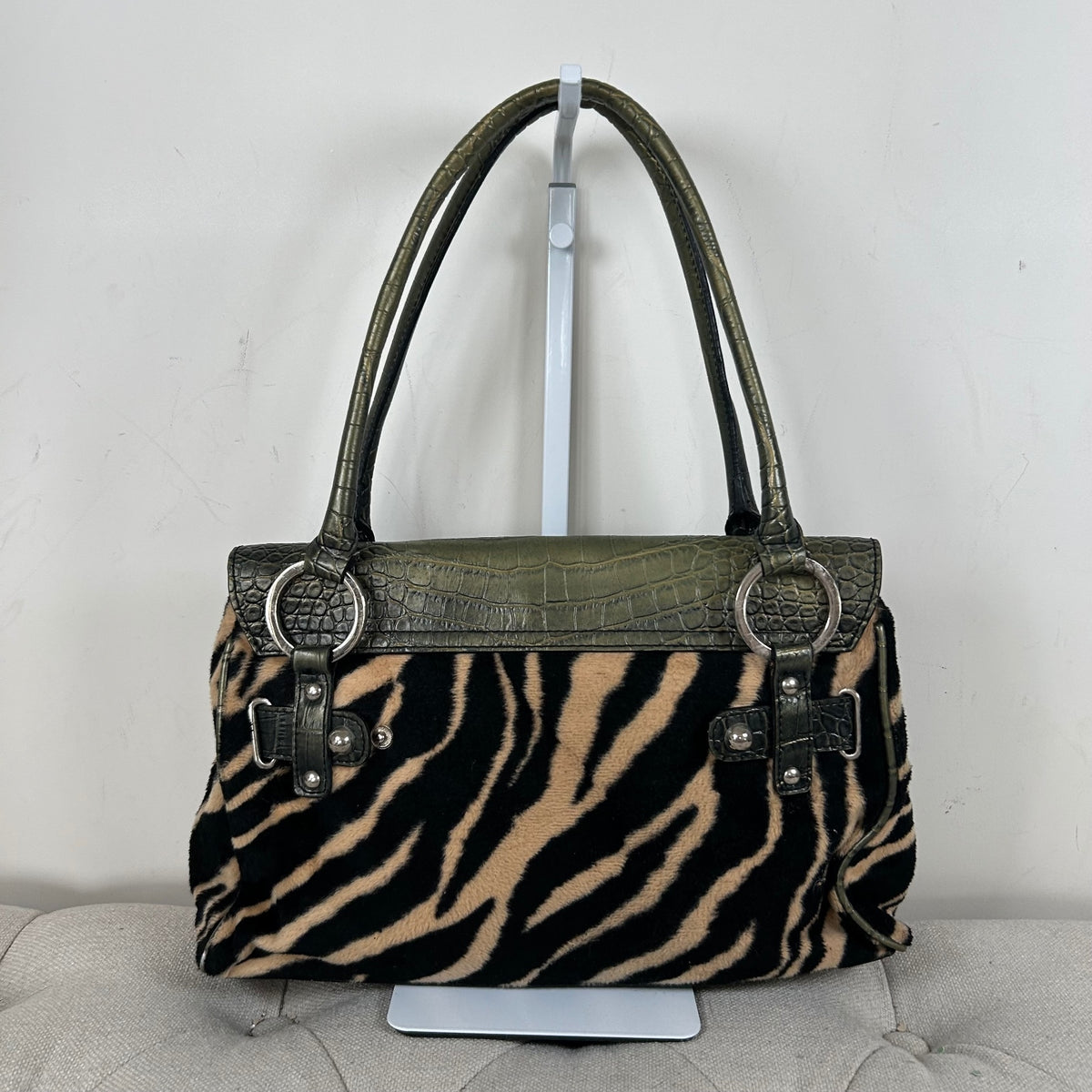 RARE Guess Tiger Print Fur and Green Snakeskin Handbag