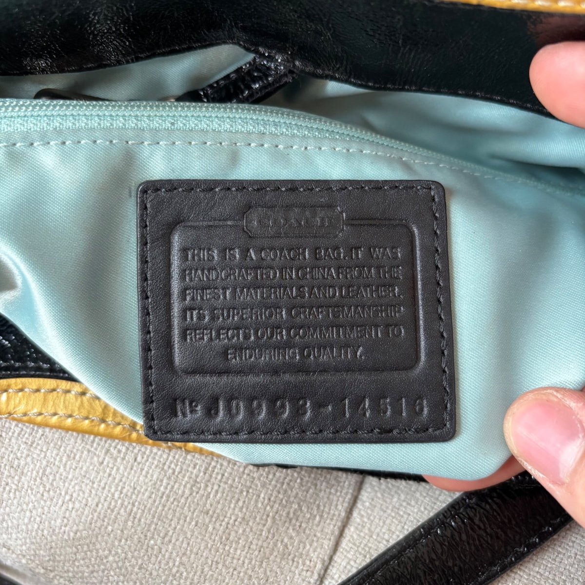 Coach Black Leather Tote Shoulder Bag with Yellow C Monogram J0993-14516