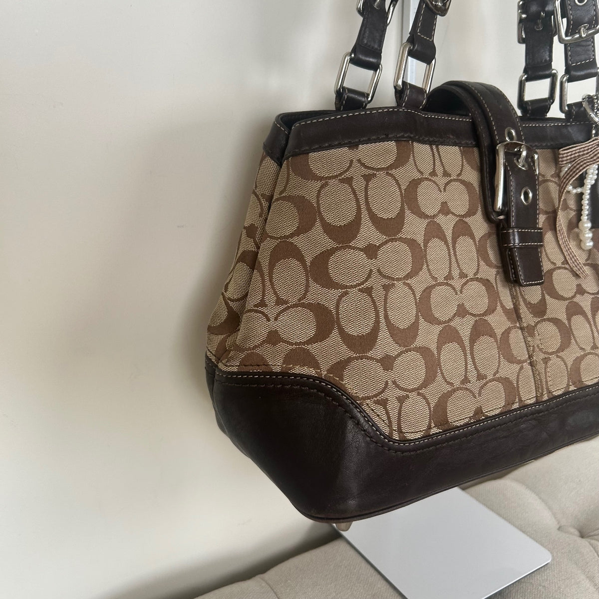 Coach Monogram Brown Hampton Silver Buckle Front Shoulder Bag E0851-F12642