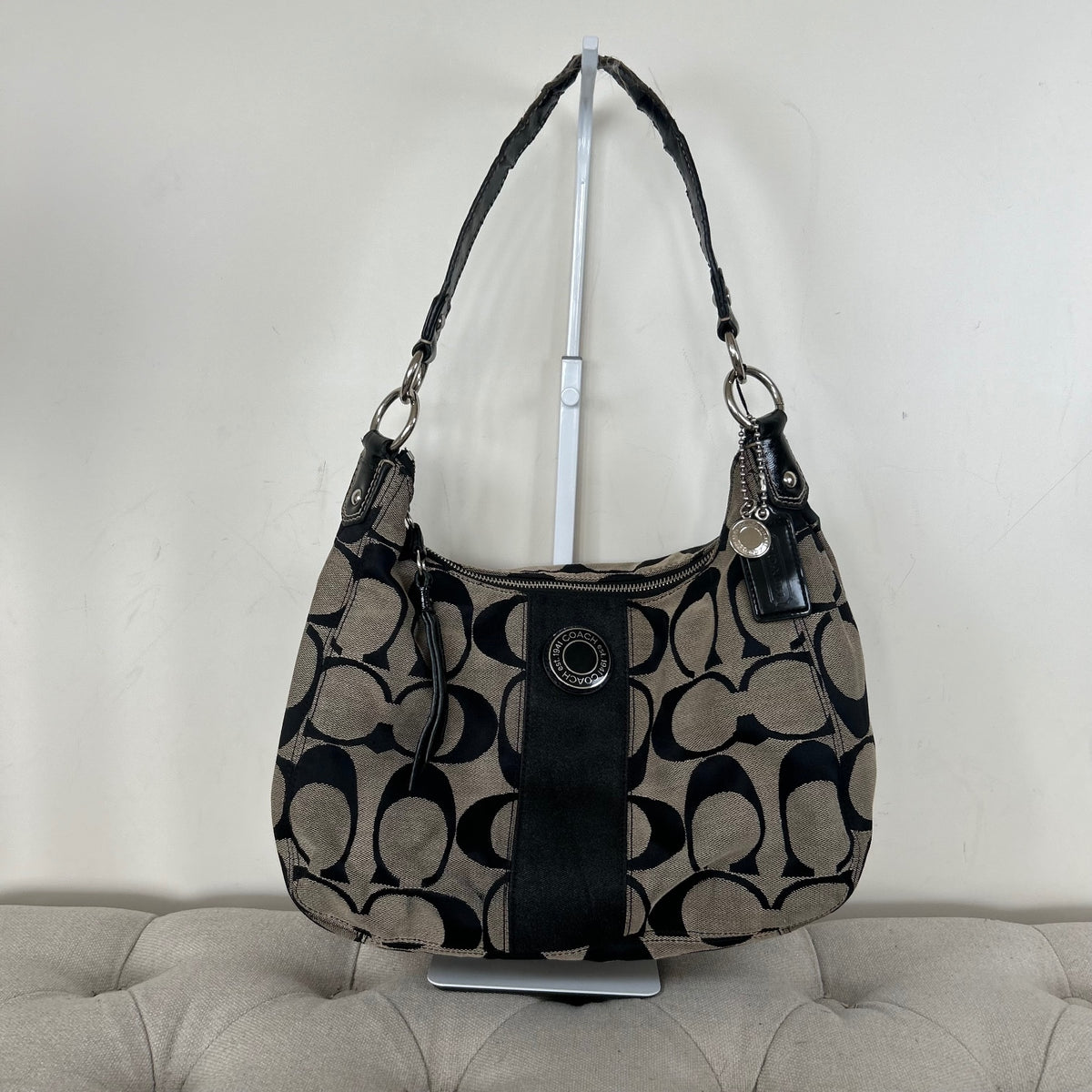 Coach Black Signature Stripe Monogram Hobo Shoulder Bag H1261-F19281