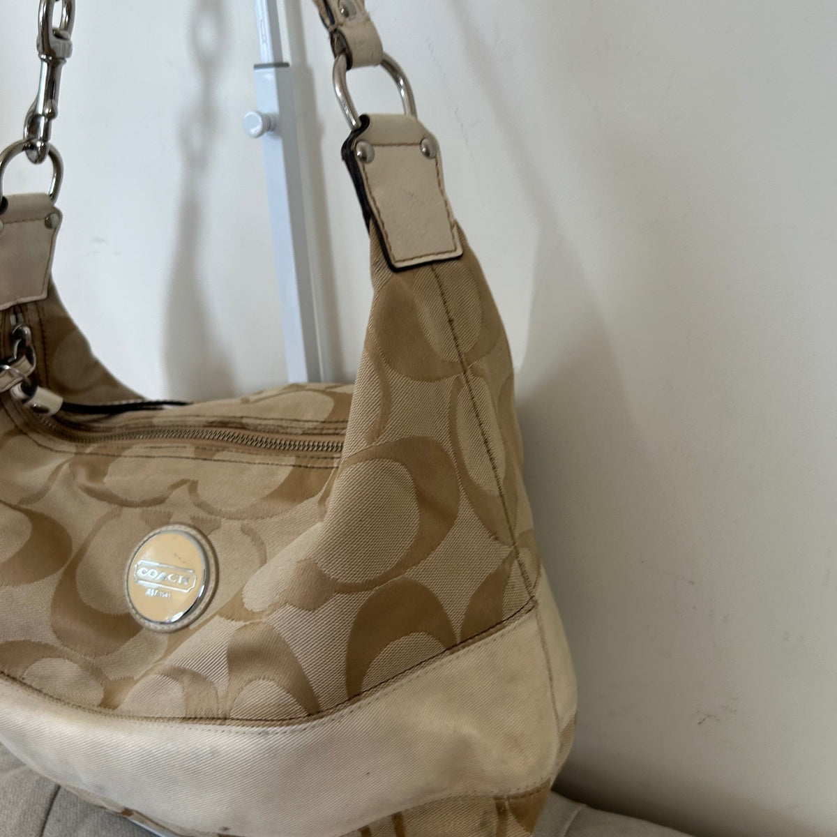 Coach Signature Stripe Monogram Beige Hobo Slouchy Shoulder Bag C1161-F17434