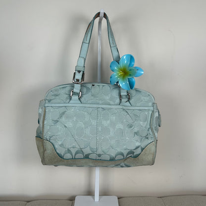 Coach Blue Signature Monogram Satchel Handbag with Suede Trim J04M-6828