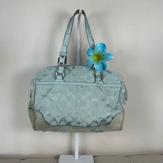 Coach Blue Signature Monogram Satchel Handbag with Suede Trim J04M-6828