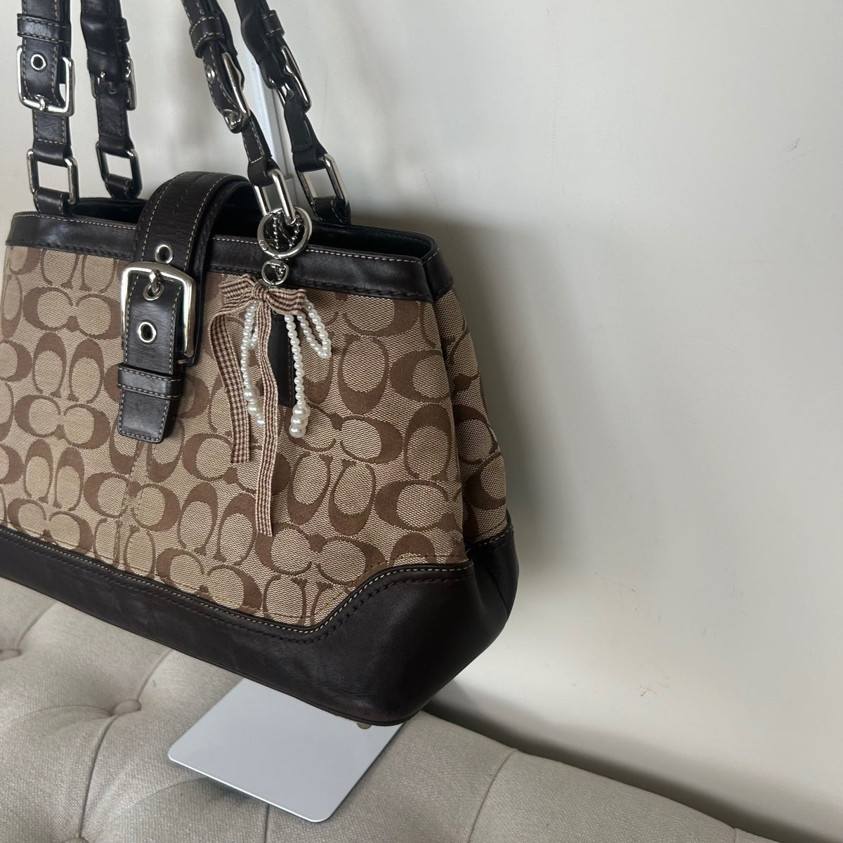 Coach Monogram Brown Hampton Silver Buckle Front Shoulder Bag E0851-F12642