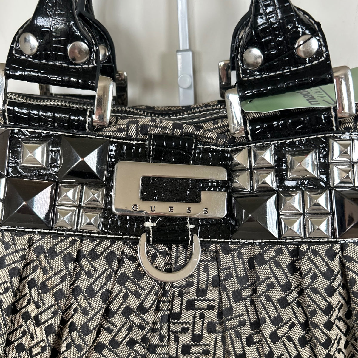 Vintage Y2K Guess Large Black Monogram Handbag Silver G