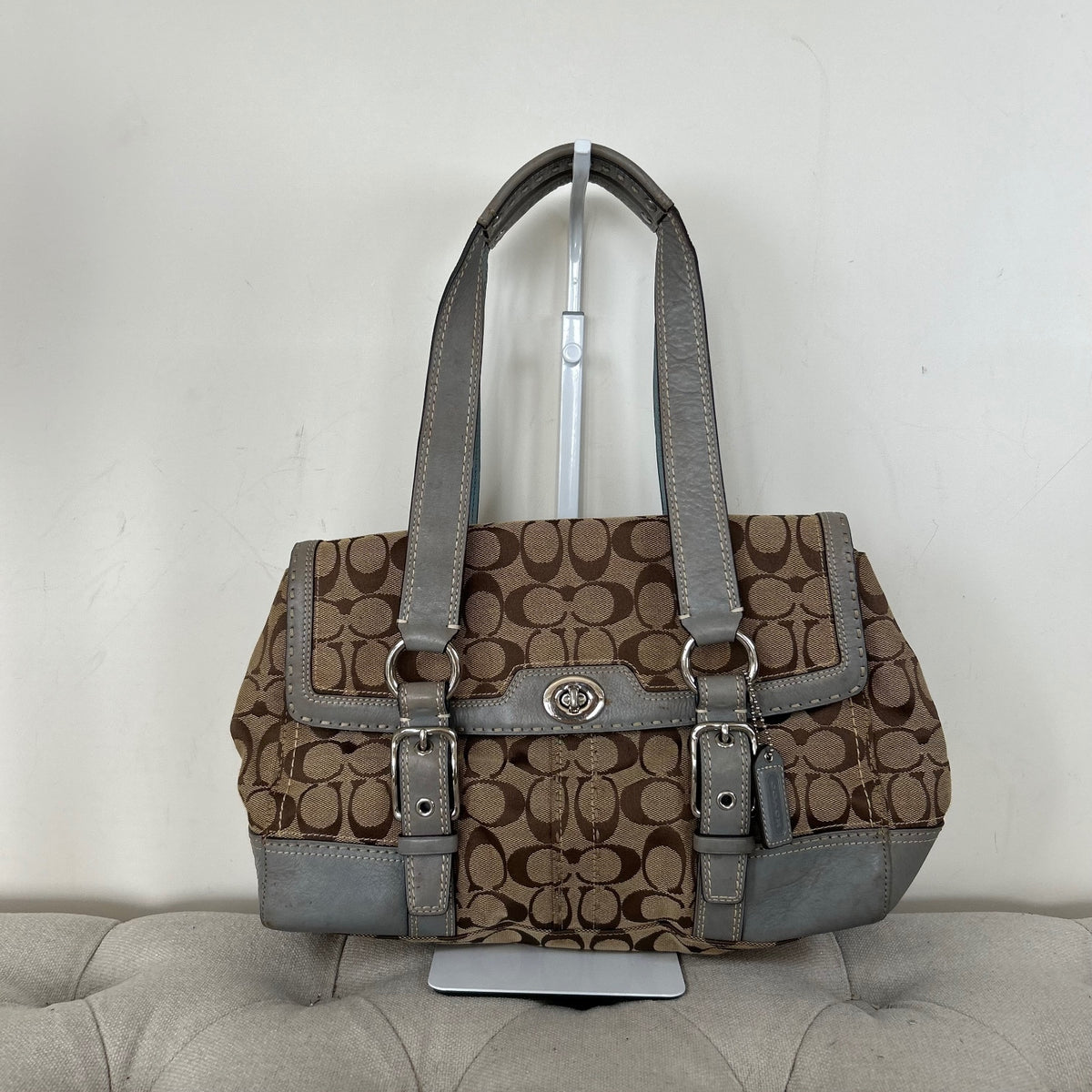 Coach Hampton Blue Leather Satchel Shoulder Bag with Brown Monogram M0726-11577
