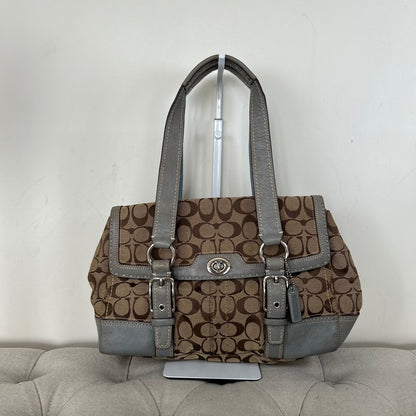 Coach Hampton Blue Leather Satchel Shoulder Bag with Brown Monogram M0726-11577