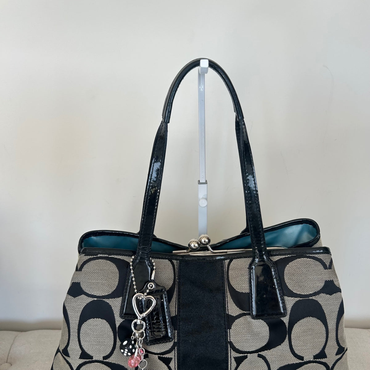 Coach Black Signature Monogram 3 Compartment Shoulder Bag Kisslock H0969-F13533