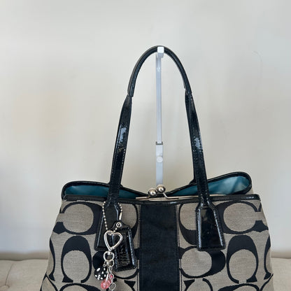 Coach Black Signature Monogram 3 Compartment Shoulder Bag Kisslock H0969-F13533