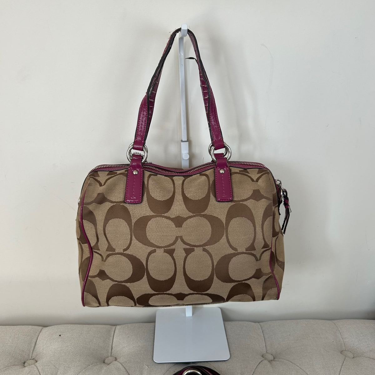 Coach Brown Signature Monogram Pink Stripe Convertible Satchel Shoulder Bag F1380-F24364