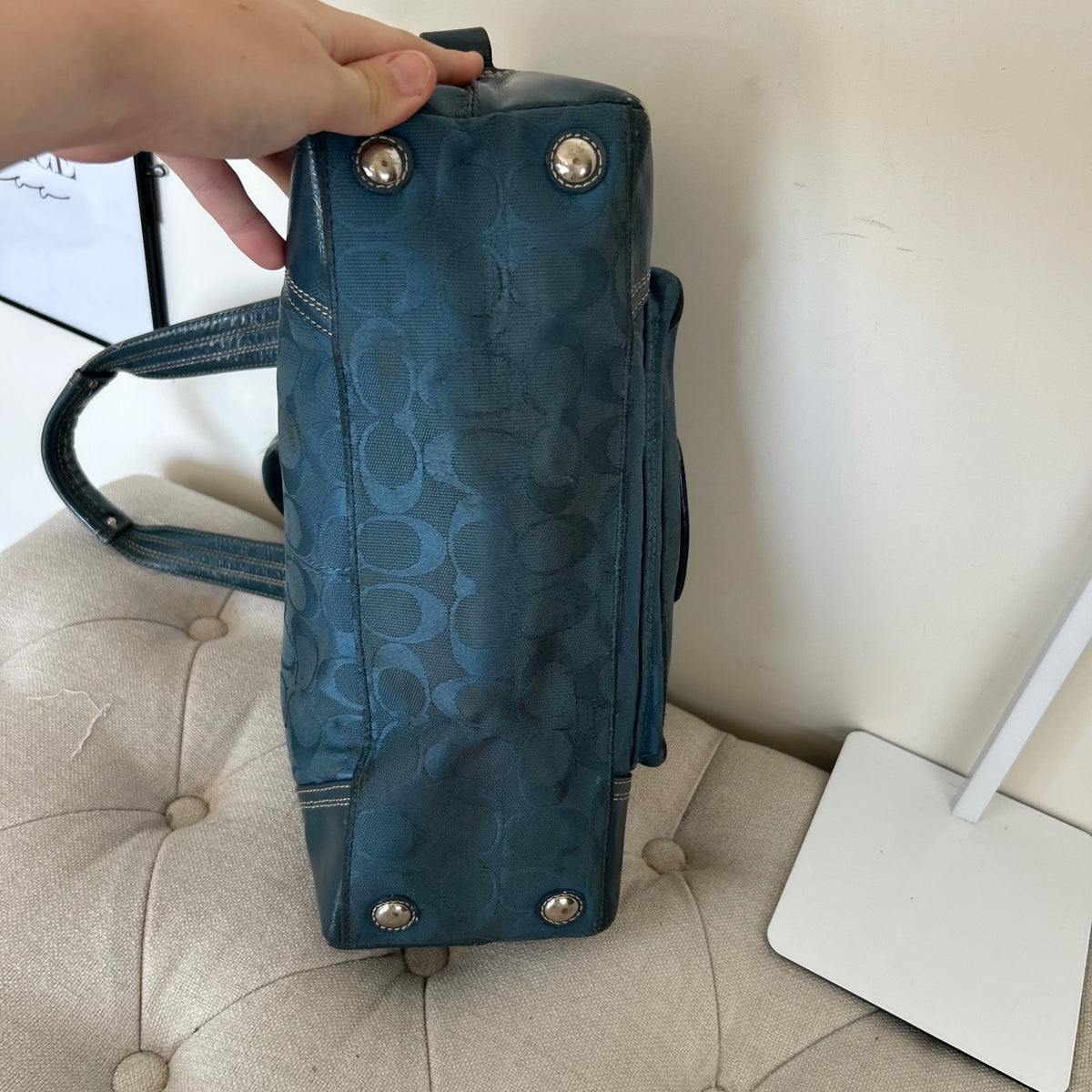 Coach Hampton Turnlock Blue Signature Monogram Shoulder Bag J0993-F13977