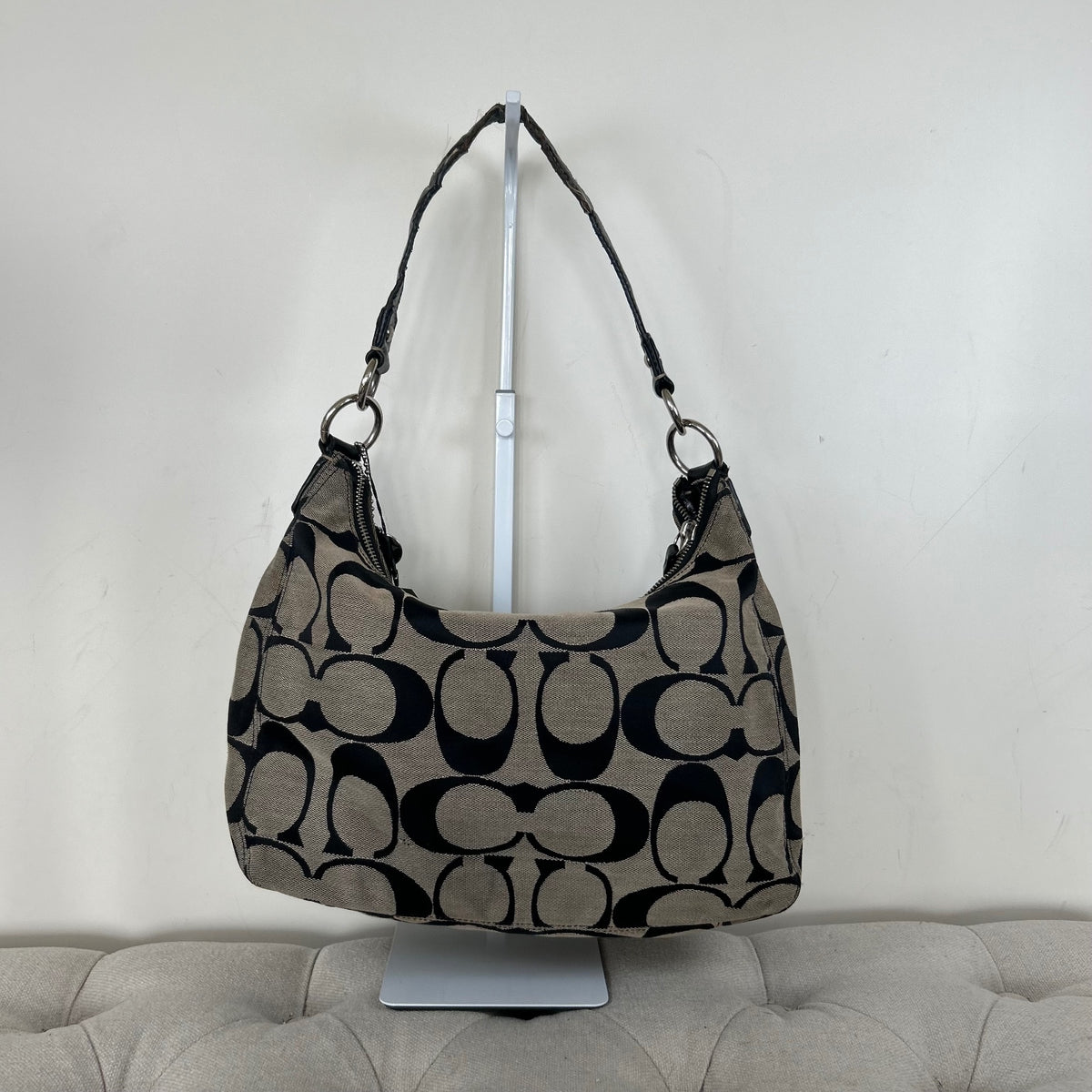 Coach Black Signature Stripe Monogram Hobo Shoulder Bag H1261-F19281