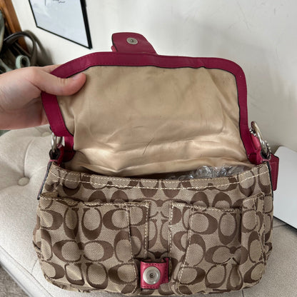 Coach Brown Monogram Soho Shoulder Bag with Pink Plaited Strap J0869-F11862