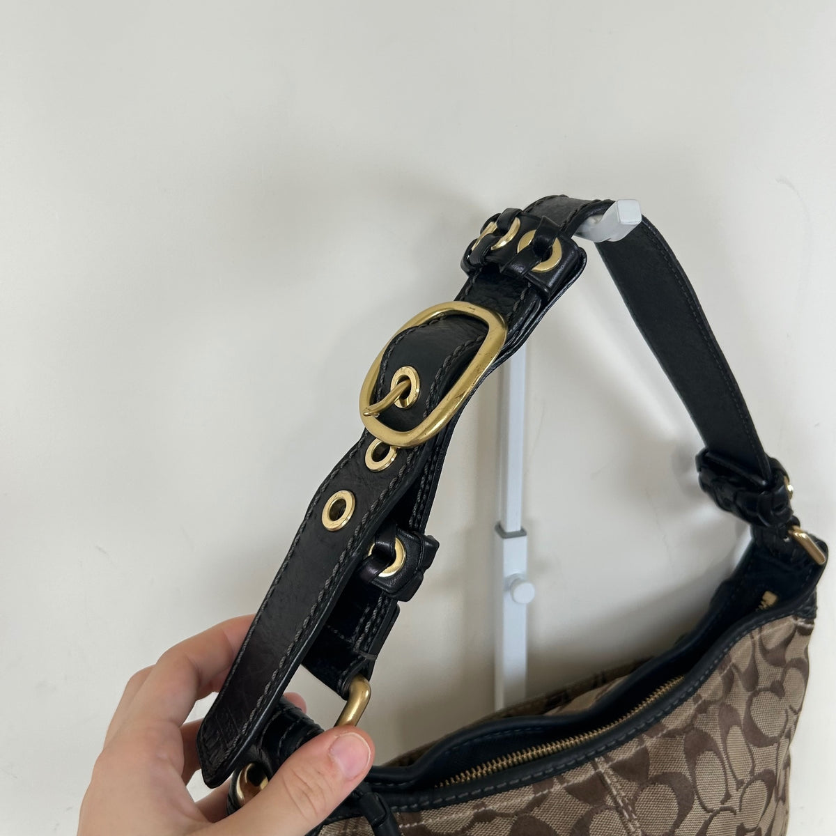 Coach Brown Monogram Bleecker Shoulder Bag with Black Leather H0793-11431