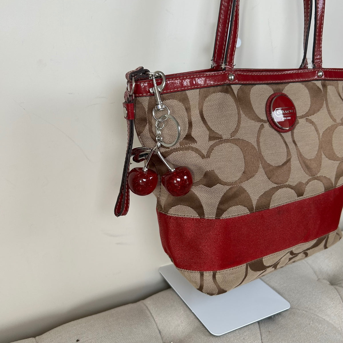 Coach Beige Signature Monogram Red Stripe Tote Shoulder Bag H1182-F17433