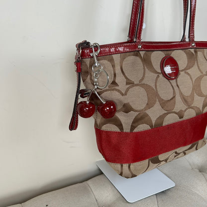 Coach Beige Signature Monogram Red Stripe Tote Shoulder Bag H1182-F17433