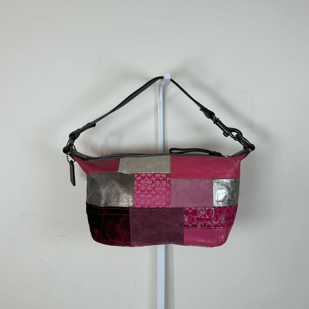 Rare Coach Pink Patchwork Mini Shoulder Bag Purse Pouch Silver Detail