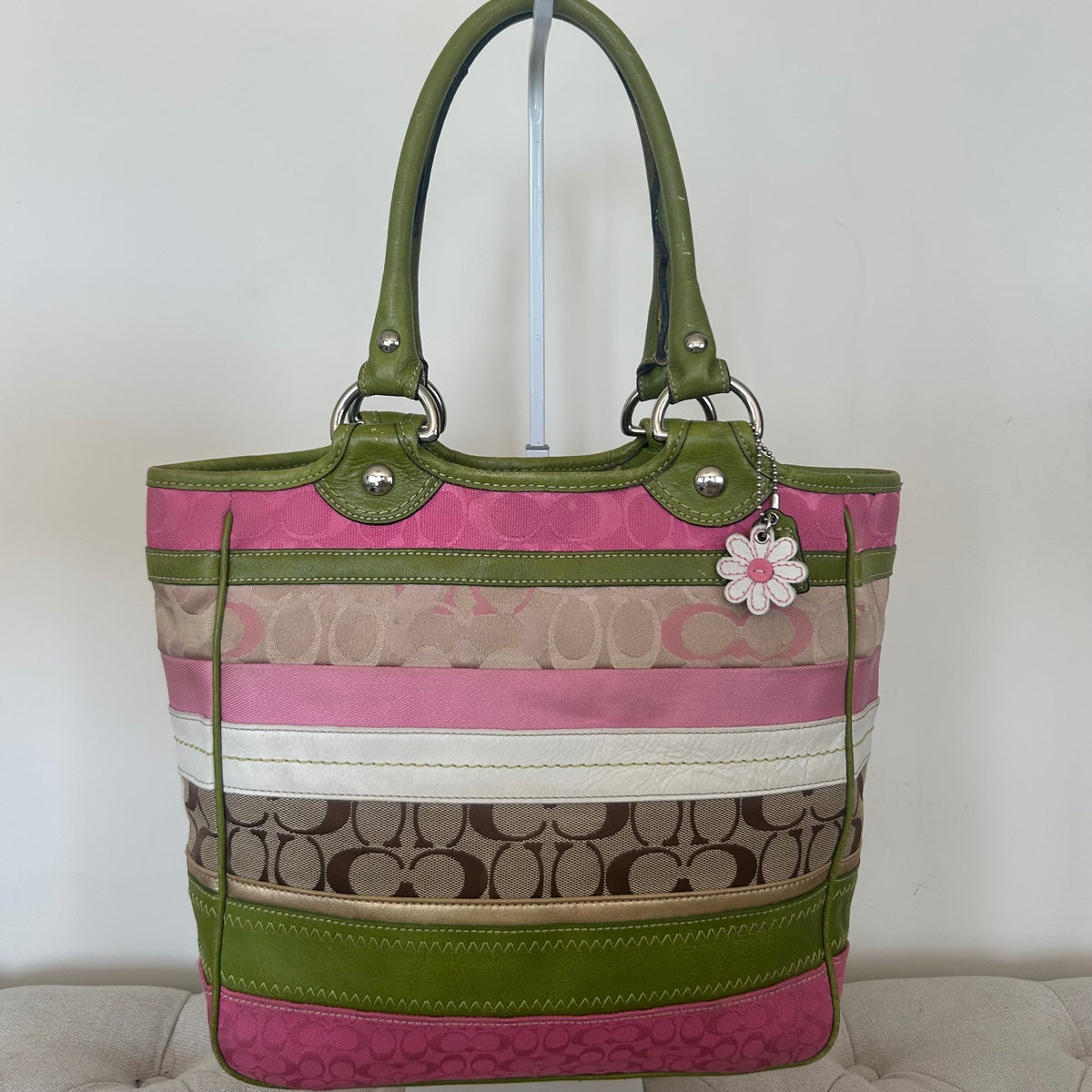 Coach Bleeker Green and Pink Signature Patchwork Tote Bag with Daisy Charm M0998-F14726