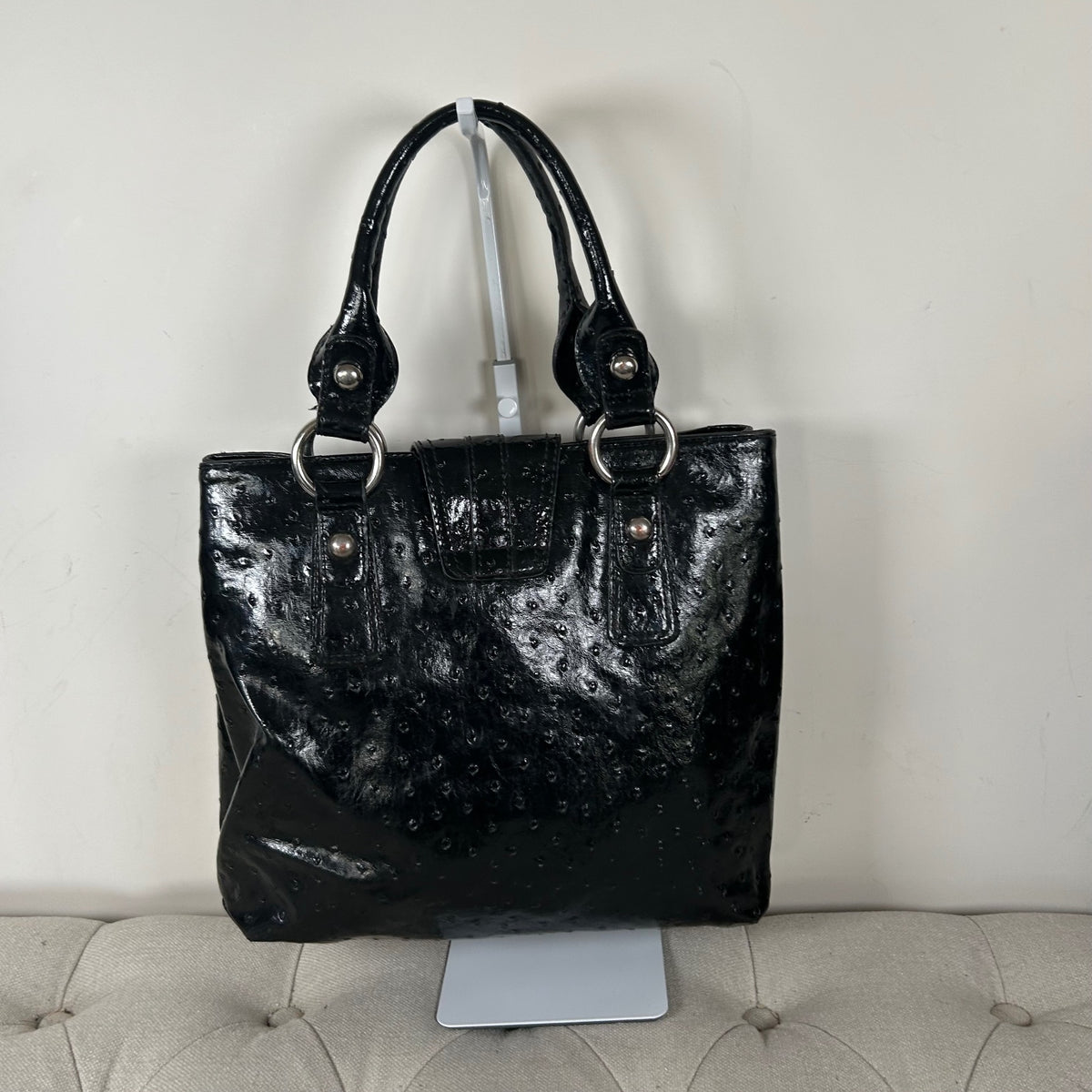 Guess Black Patent Leather Handbag Tote Silver G
