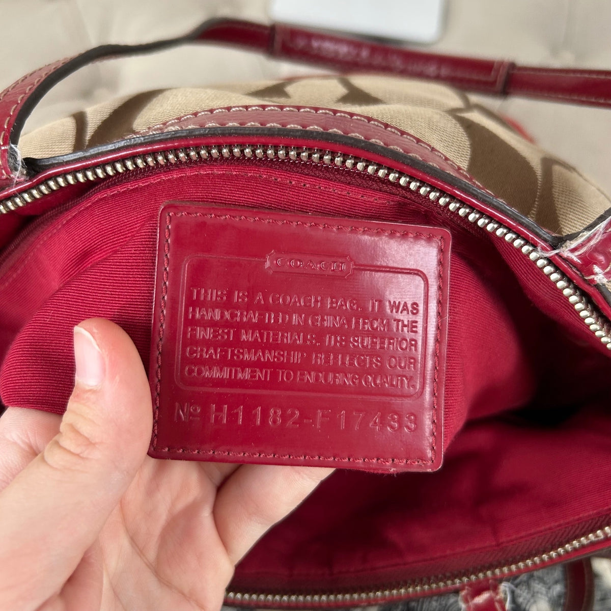 Coach Beige Signature Monogram Red Stripe Tote Shoulder Bag H1182-F17433