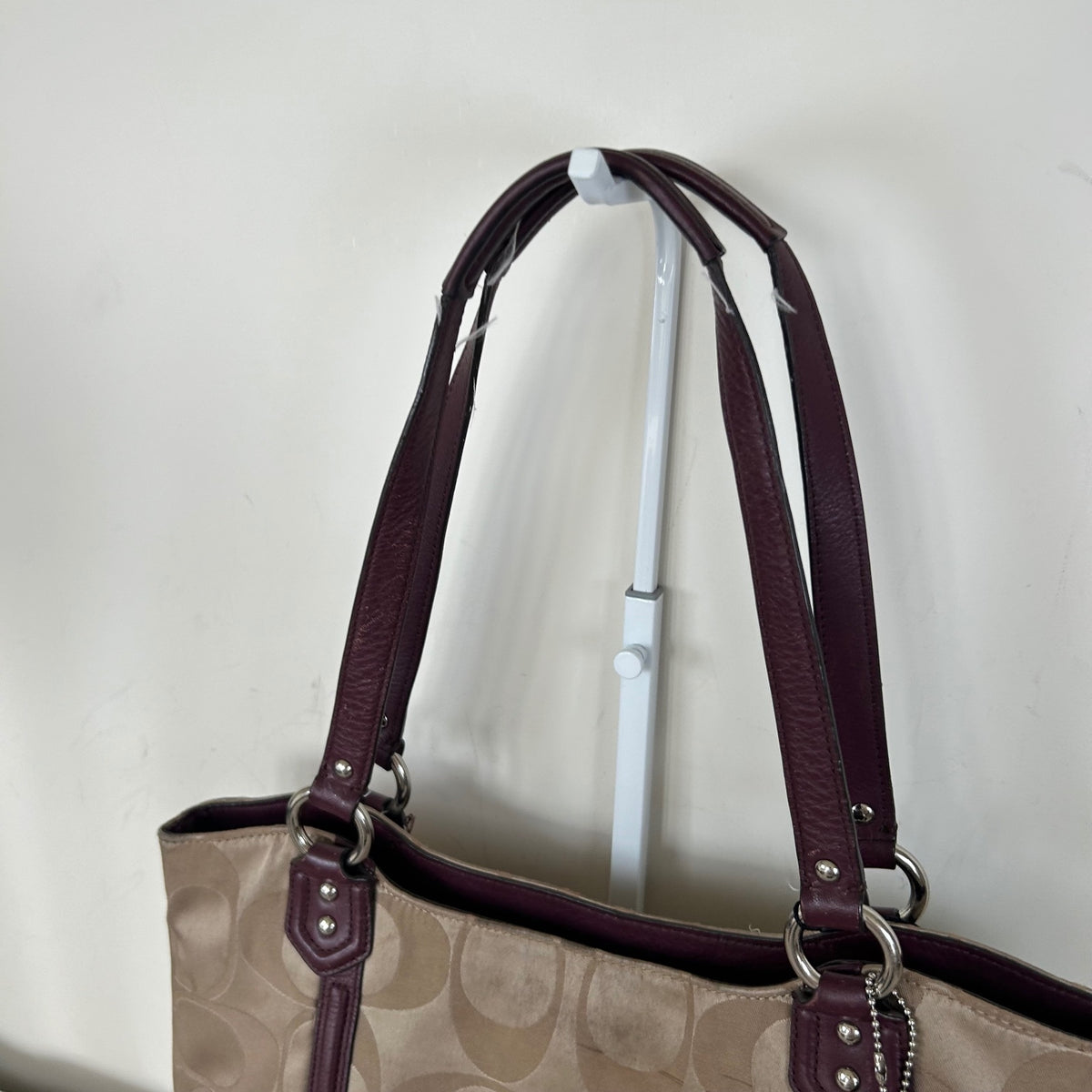 Coach Beige Soho Tote Shoulder Bag with Burgundy Leather Trim J1382-F25294