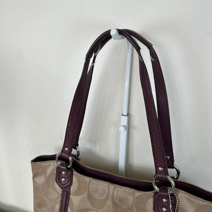 Coach Beige Soho Tote Shoulder Bag with Burgundy Leather Trim J1382-F25294