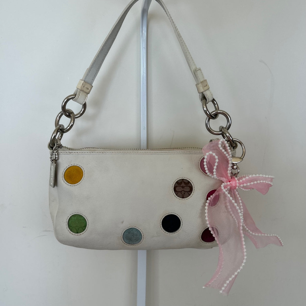 2004 Vintage Coach Polka Dot Demi White Leather Shoulder Bag J04Q-3677