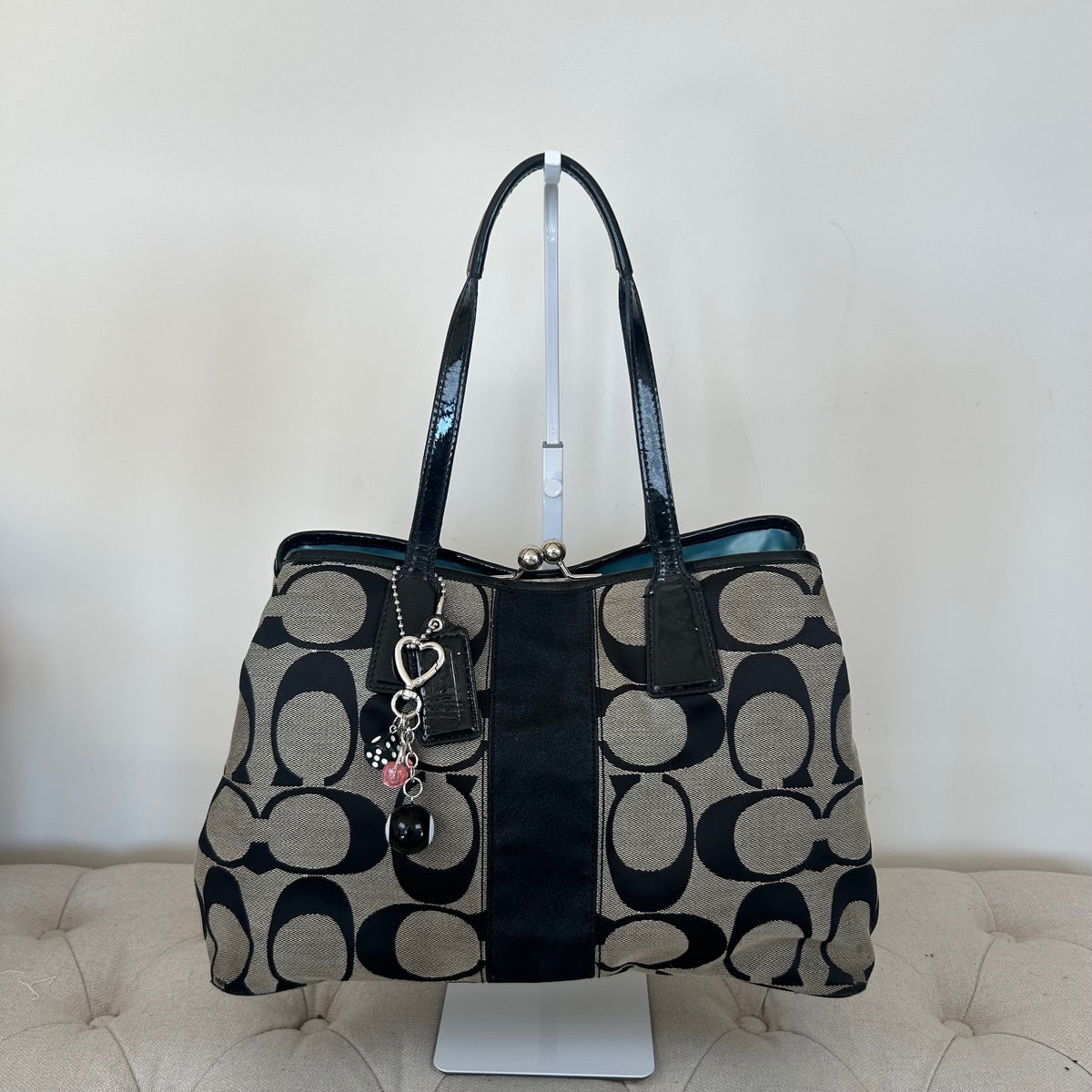 Coach Black Signature Monogram 3 Compartment Shoulder Bag Kisslock H0969-F13533