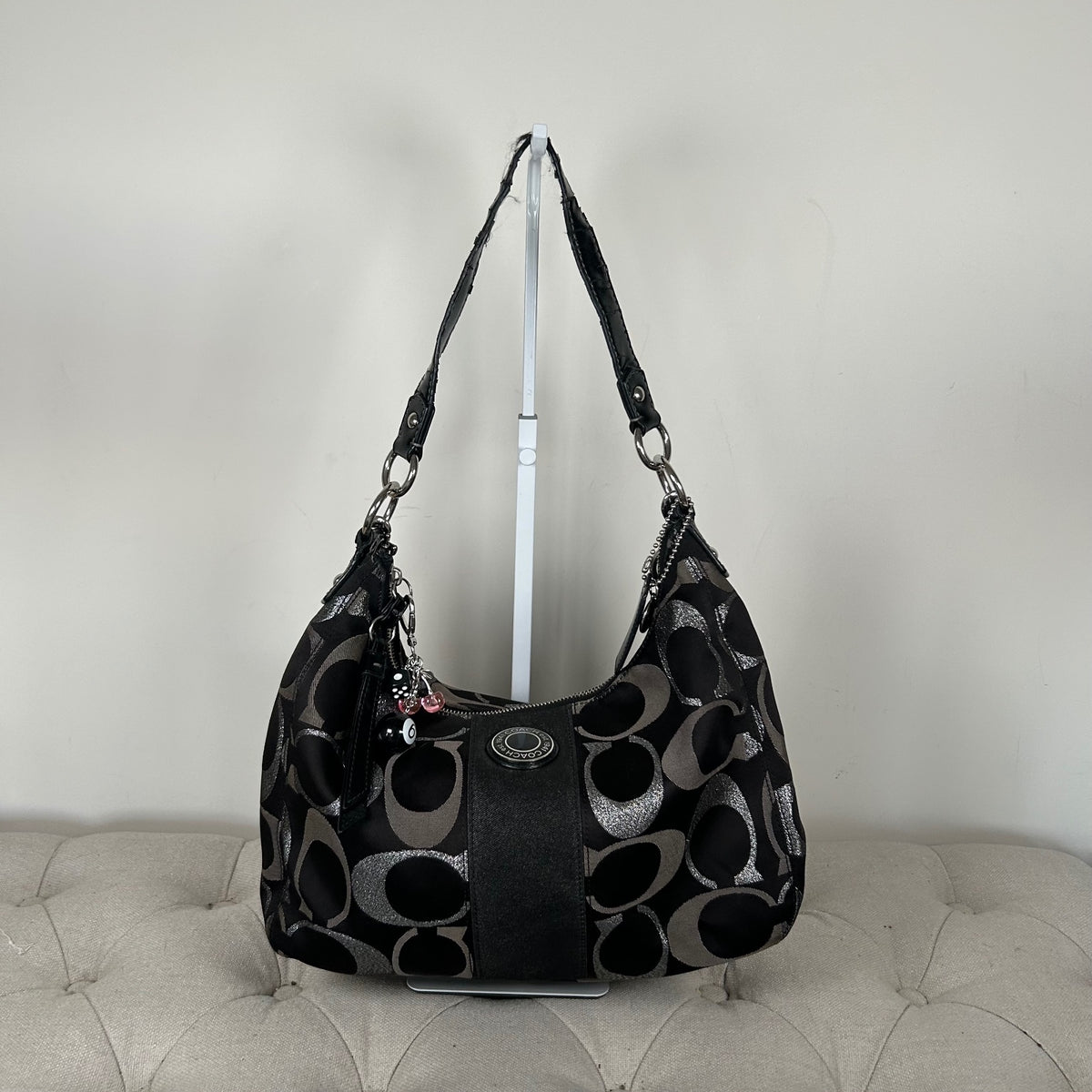 Coach Black and Silver Signature Monogram Convertible Hobo Shoulder Bag H1280-F20428