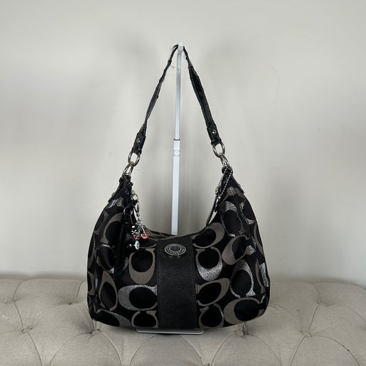 Coach Black and Silver Signature Monogram Convertible Hobo Shoulder Bag H1280-F20428