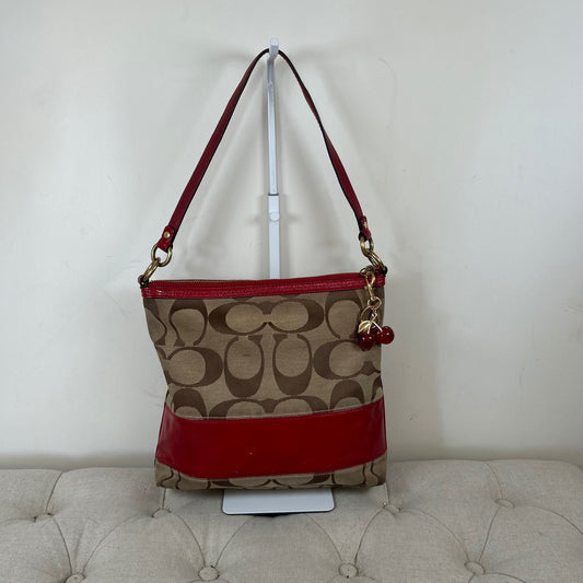 Coach Beige Signature Tote Shoulder Bag with Patent Red Stripe F0826-12825