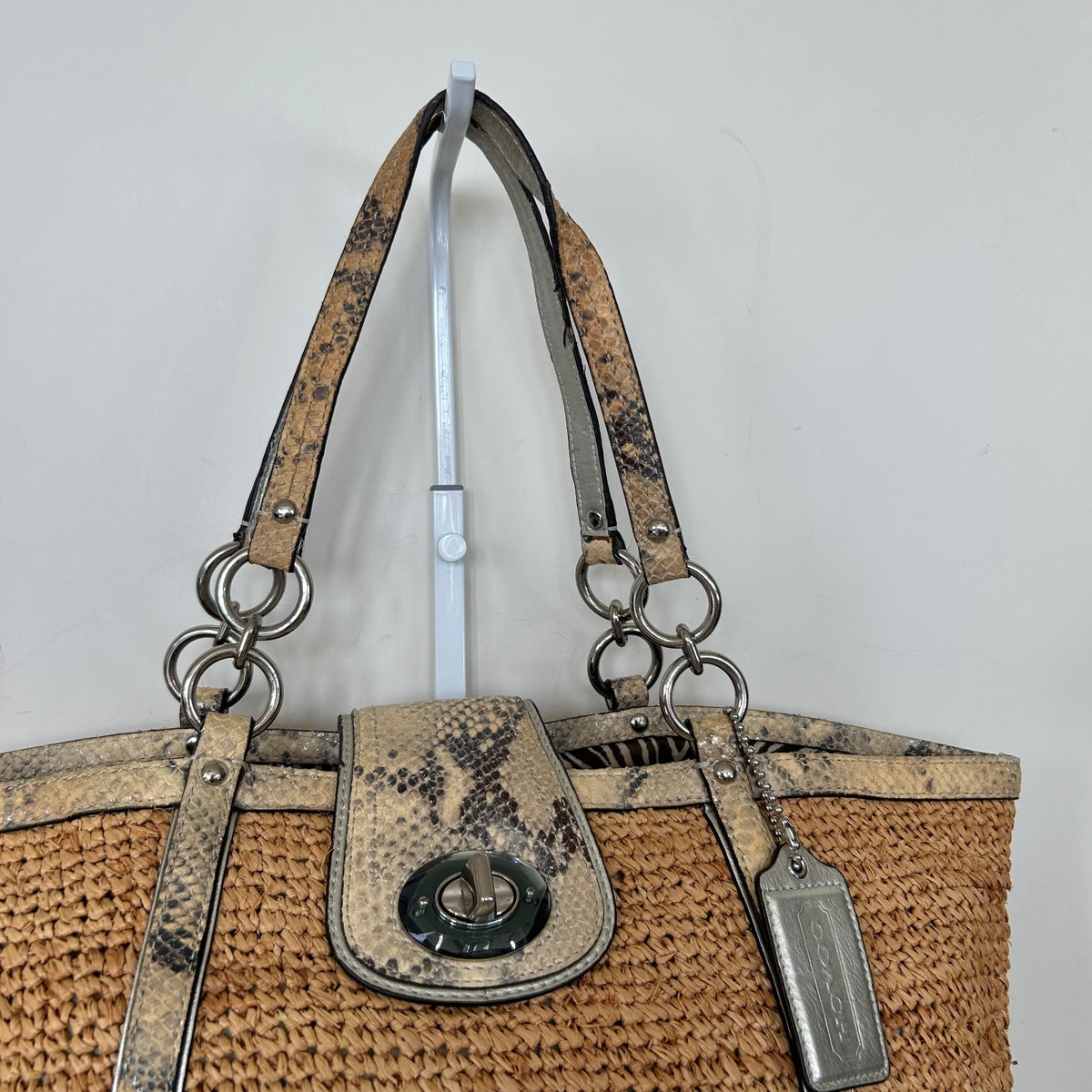 Coach Straw Python Basket Shoulder Bag Beige Silver Hardware L1169-19359