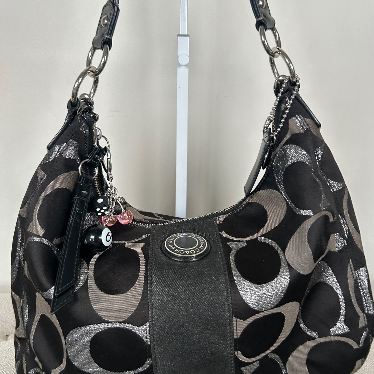 Coach Black and Silver Signature Monogram Convertible Hobo Shoulder Bag H1280-F20428