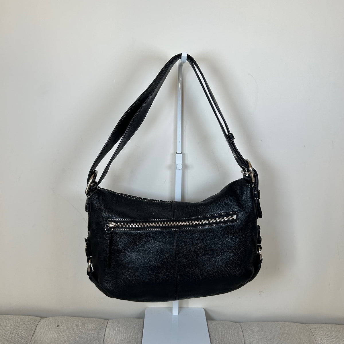 Coach Black Pebbled Leather Shoulder Bag Silver Turnlock C1069-F15065