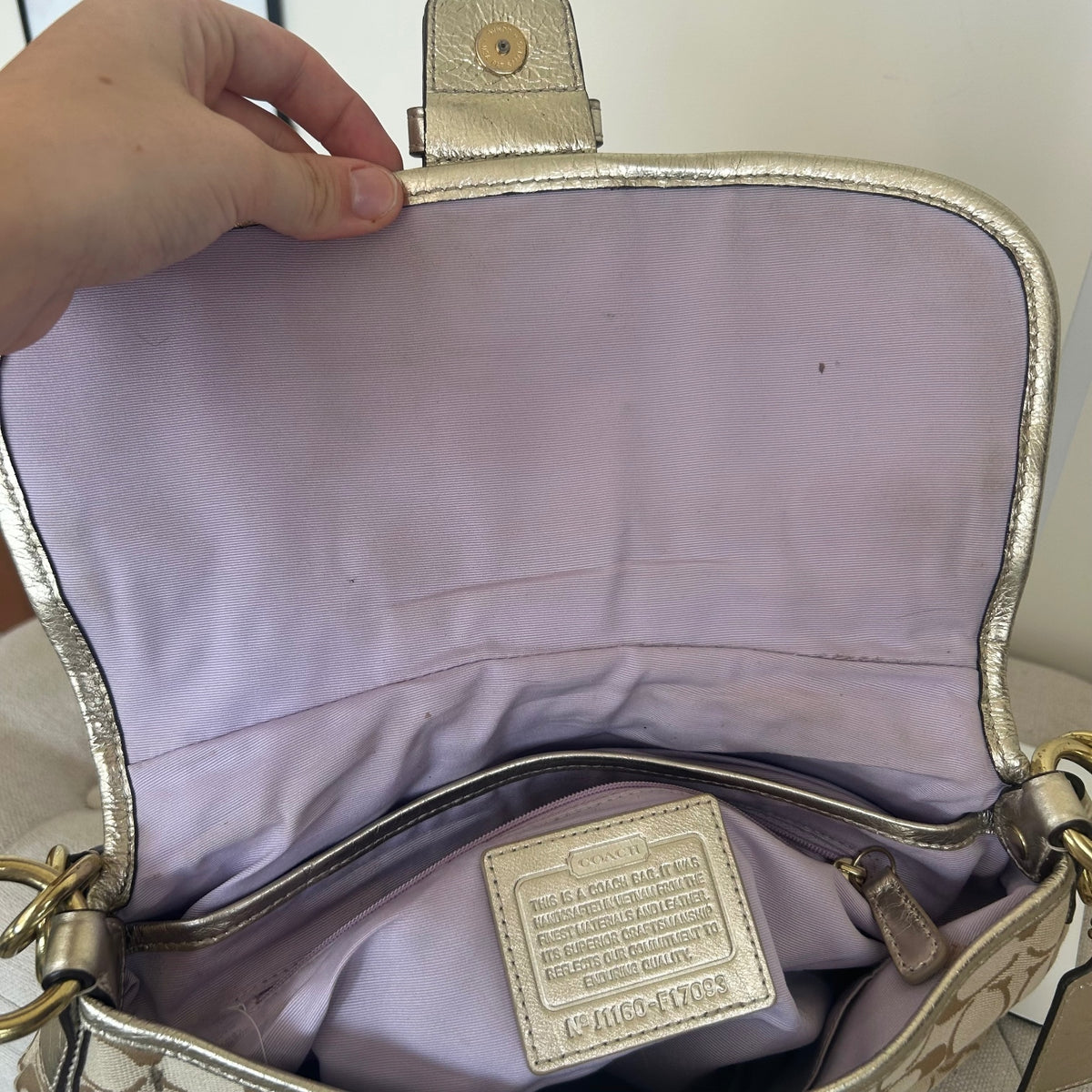 Coach Soho Beige Gold Signature Monogram Shoulder Bag J1160-F17093