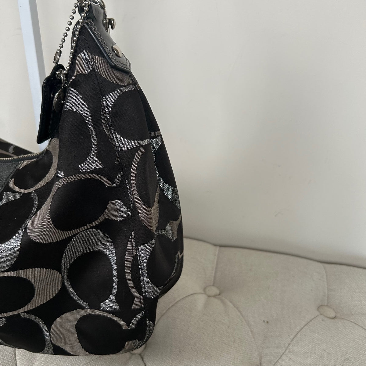 Coach Black and Silver Signature Monogram Convertible Hobo Shoulder Bag H1280-F20428
