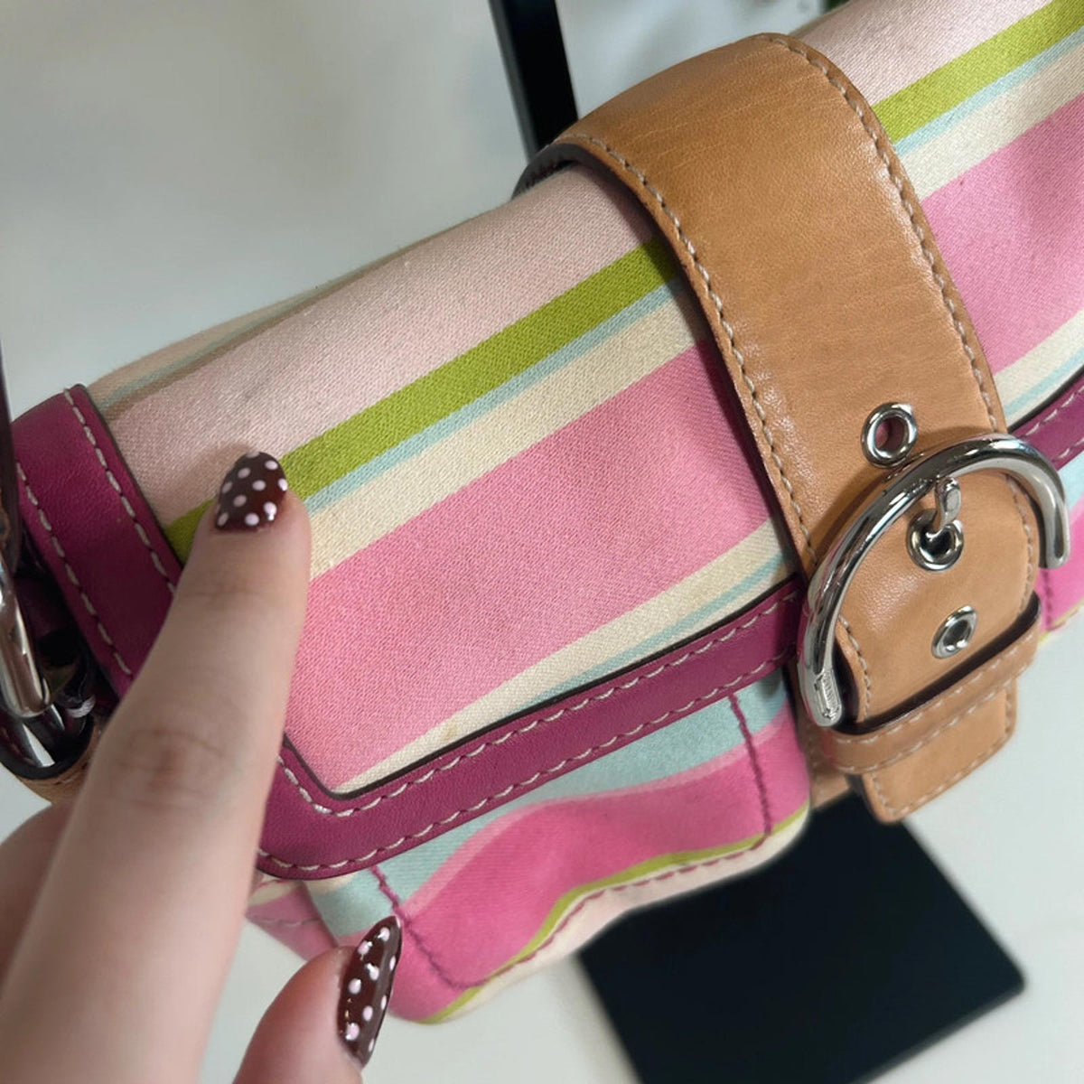 Rare Coach Pastel Stripe Soho Sateen & Leather Shoulder Bag L043-1887