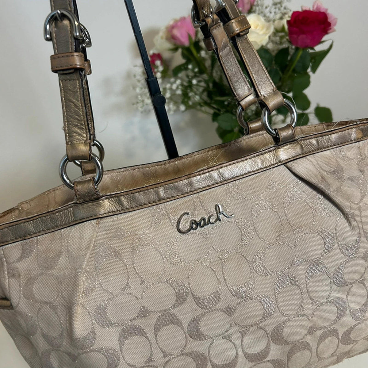 Coach Monogram Beige and Gold Shoulder Handbag Gold Hardware L1175-F17724